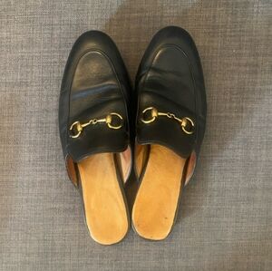 Black Leather Flats with Gold Horsebit Detail